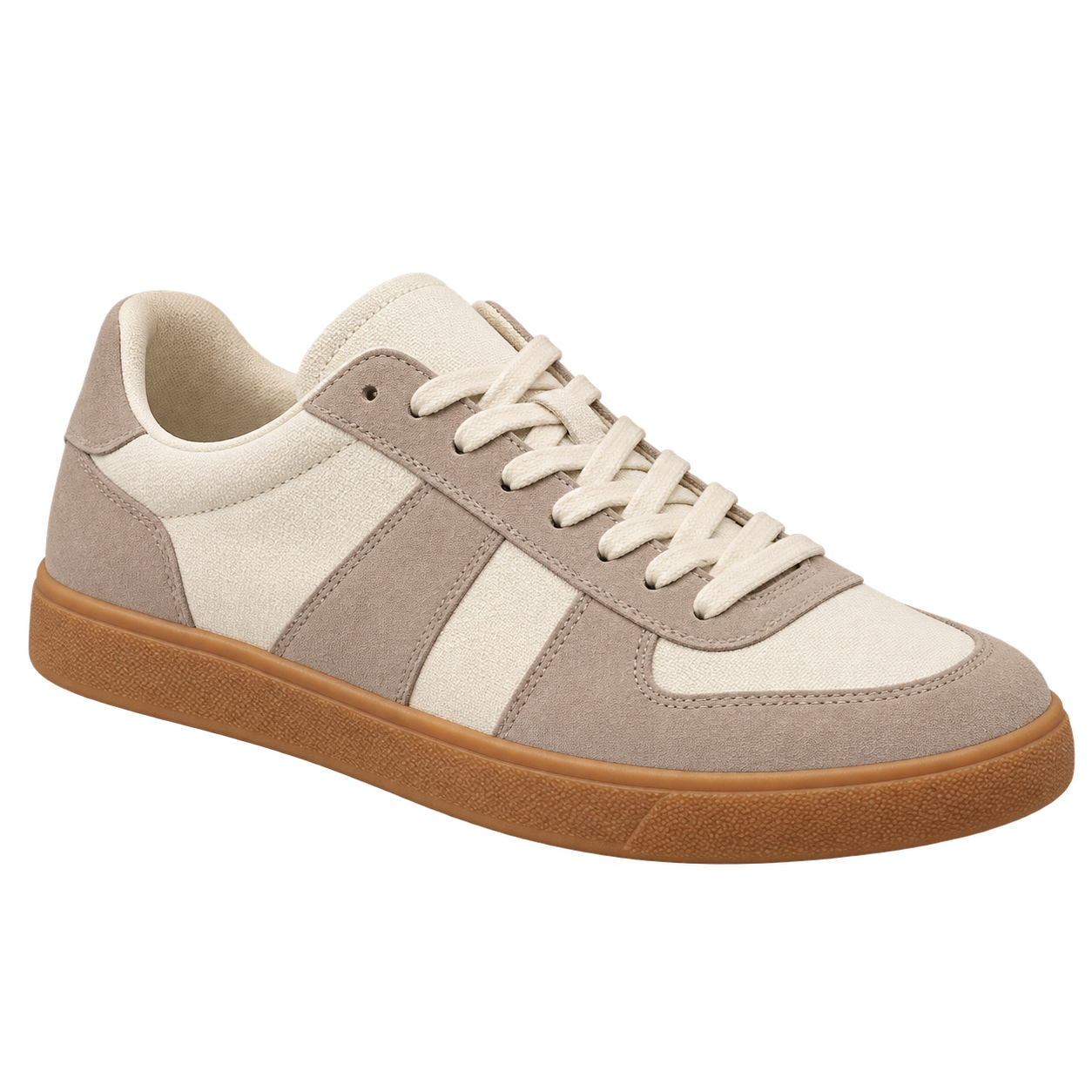 Illustrative cream sneaker with taupe suede details and a gum sole